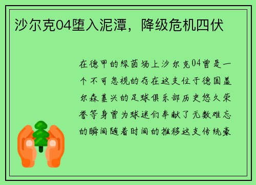 沙尔克04堕入泥潭，降级危机四伏